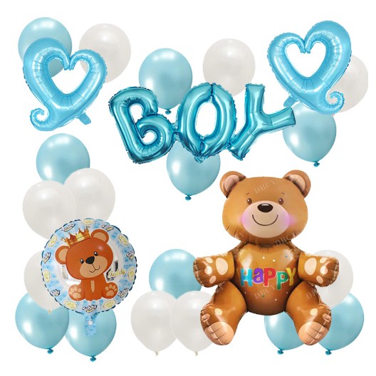 Set 25 Baloane, ANGELBEAR, din Latex si Folie de Aluminiu, Model Ursulet/Boy, Diferite Marimi, Albastru